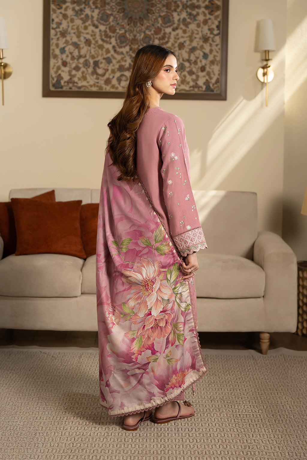 JAZMIN-3PC DHANAK EMBROIDERED SHIRT WITH WOOL PRINTED SHAWL AND TROUSER-BIC-5023