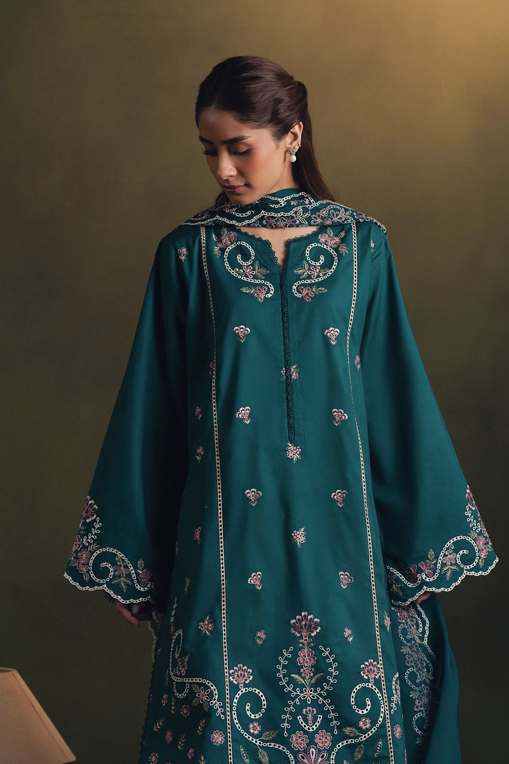 ZIVA-3PC DHANAK EMBROIDERED SHIRT WITH DHANAK EMBROIDERED SHAWL AND TROUSER-BIC-5257