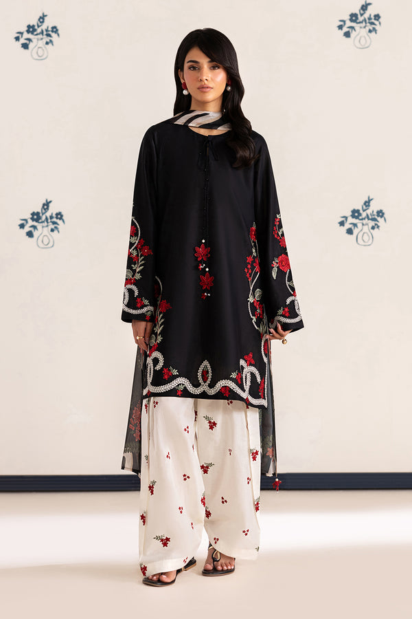 IZNIK-3PC DHANAK EMBROIDERED SHIRT WITH WOOL PRINT SHAWL AND TROUSER-BIC-5091