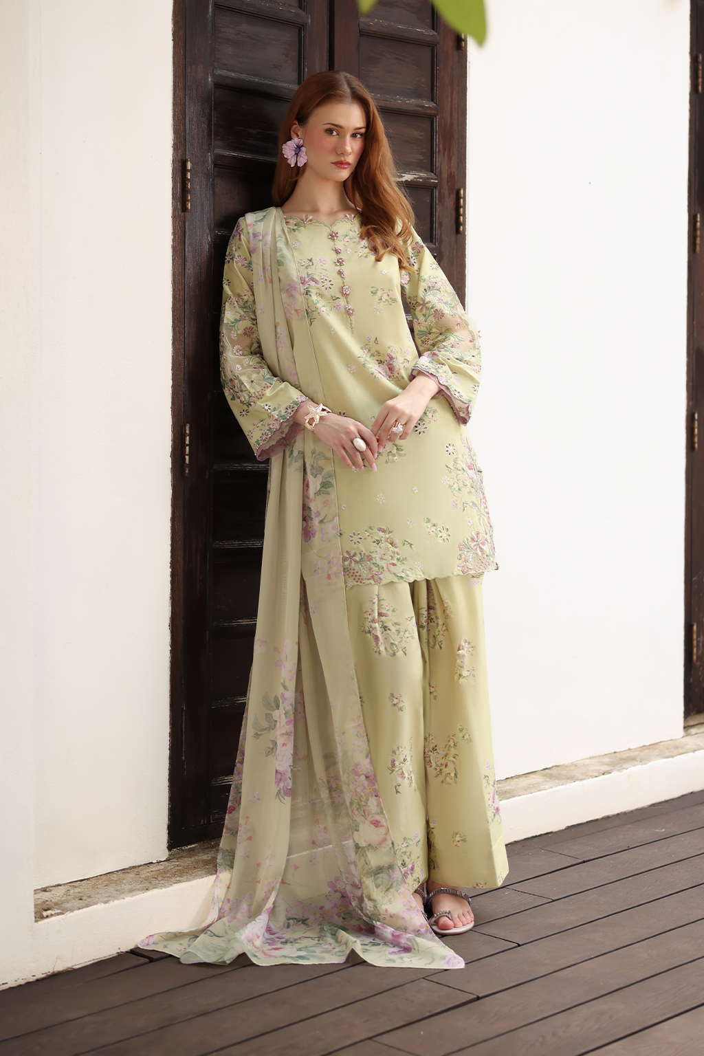 IZNIK-3PC LAWN PRINTED EMB SHIRT WITH SILK PRINTED DUPATTA AND TROUSER-BIC-041