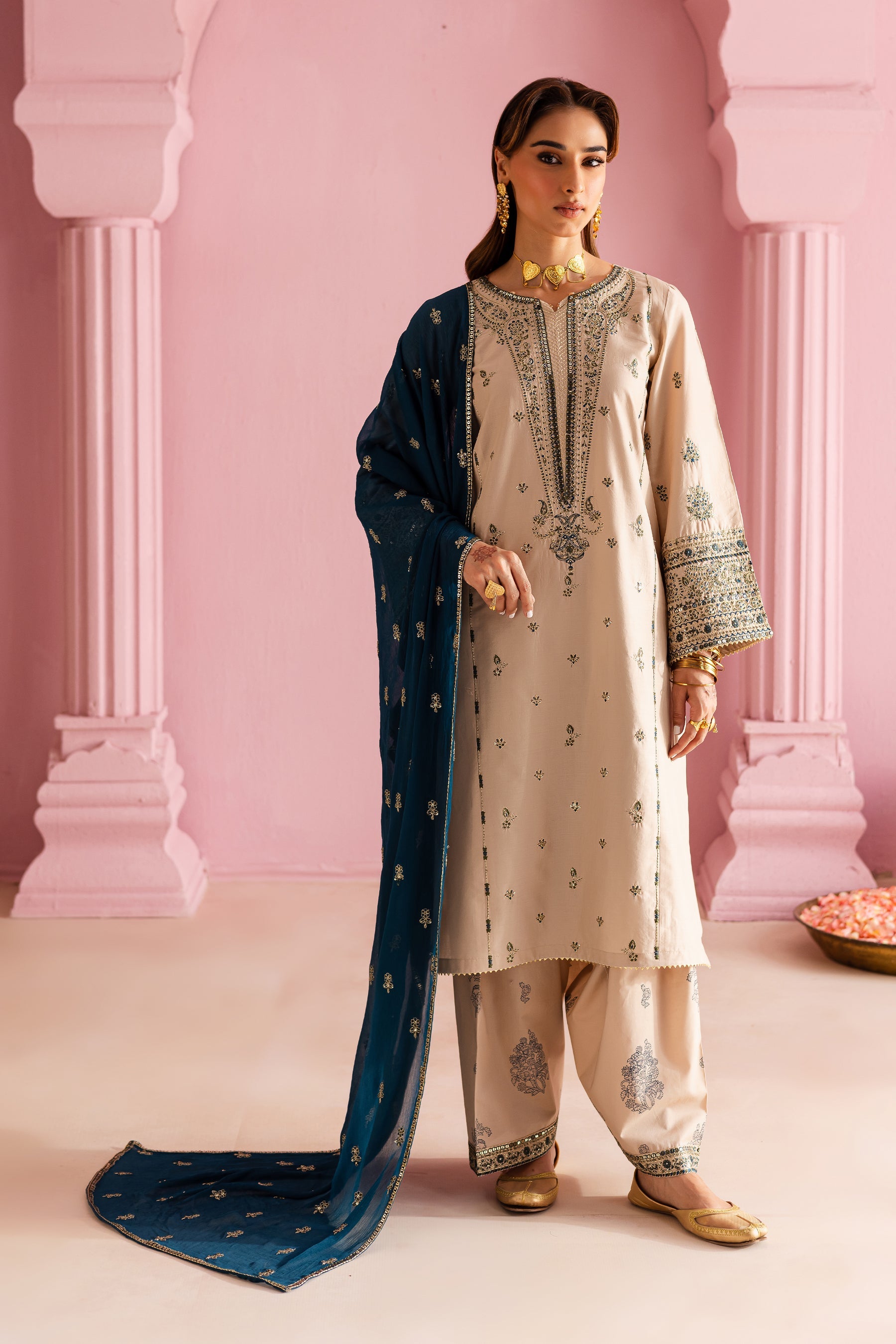 MUSHQ-3PC DHANAK EMBROIDERED SHIRT WITH DHANAK EMBROIDERED SHAWL & EMB TROUSER-BIC-4162