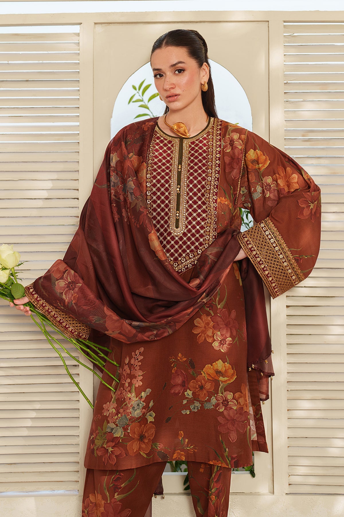 BAROQUE-3PC LAWN DIGITAL PRINTED EMB SHIRT WITH SILK PRINTED DUPATTA AND PRINTED TROUSER-BIC-022