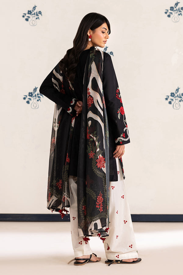 IZNIK-3PC DHANAK EMBROIDERED SHIRT WITH WOOL PRINT SHAWL AND TROUSER-BIC-5091