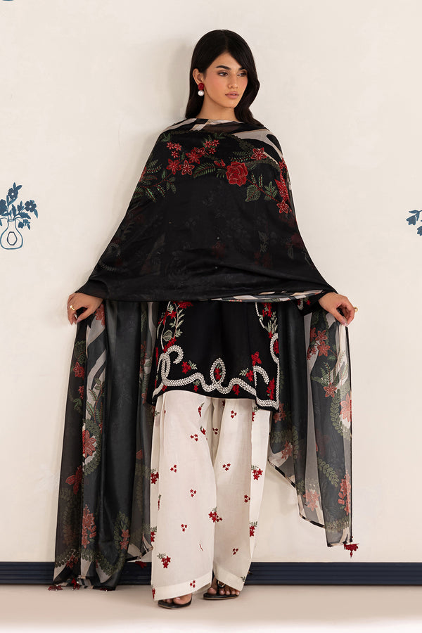 IZNIK-3PC DHANAK EMBROIDERED SHIRT WITH WOOL PRINT SHAWL AND TROUSER-BIC-5091