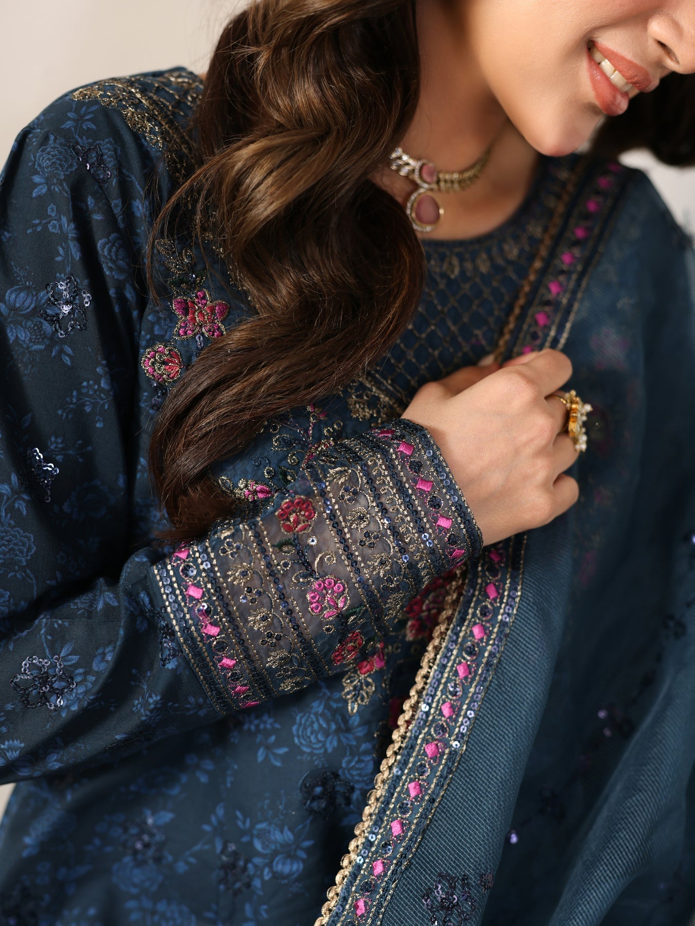 MOHAGNI-3PC LAWN PRINTED EMBROIDERED SHIRT WITH ORGANZA EMBROIDERED DUPATTA AND PRINT TROUSER-5