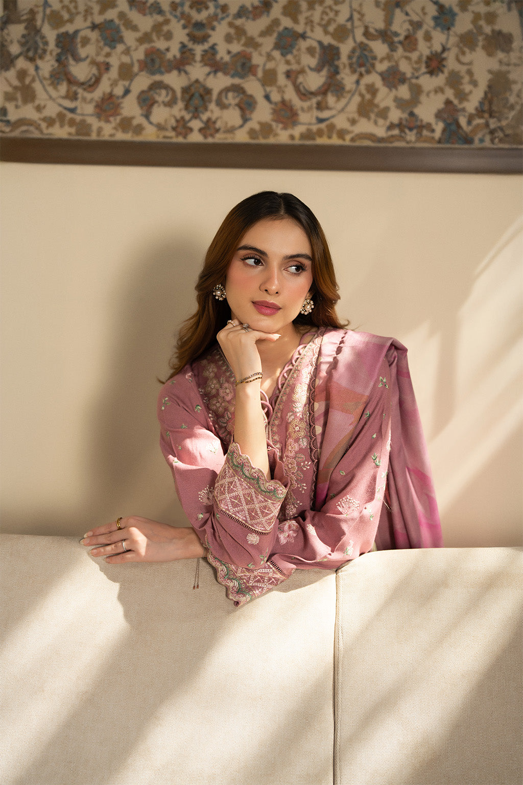JAZMIN-3PC DHANAK EMBROIDERED SHIRT WITH WOOL PRINTED SHAWL AND TROUSER-BIC-5023