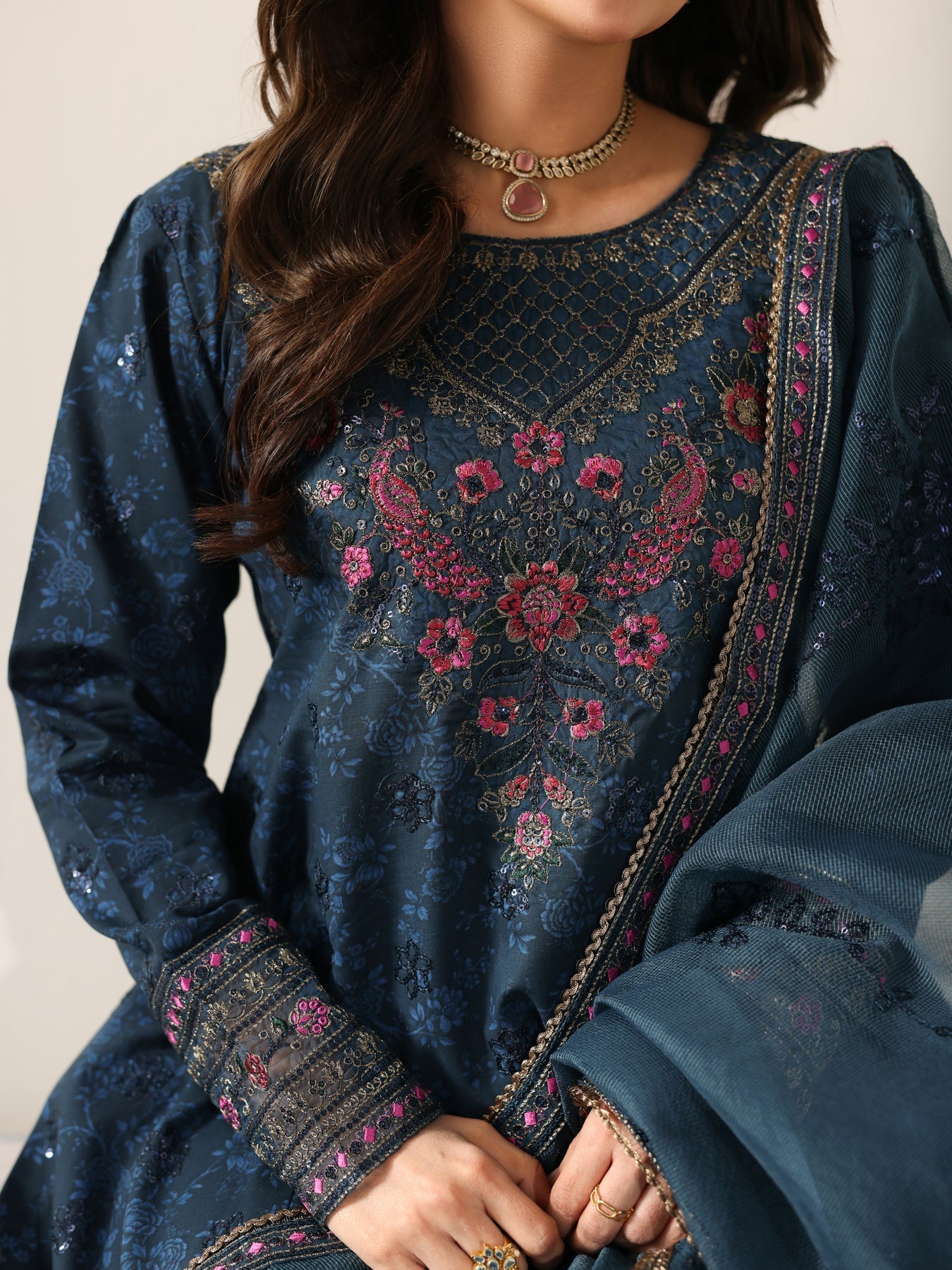 MOHAGNI-3PC LAWN PRINTED EMBROIDERED SHIRT WITH ORGANZA EMBROIDERED DUPATTA AND PRINT TROUSER-5