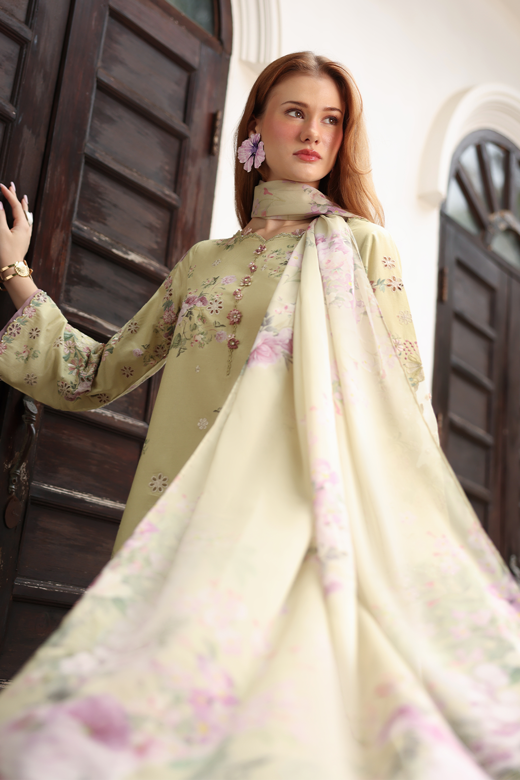 IZNIK-3PC LAWN PRINTED EMB SHIRT WITH SILK PRINTED DUPATTA AND TROUSER-BIC-041