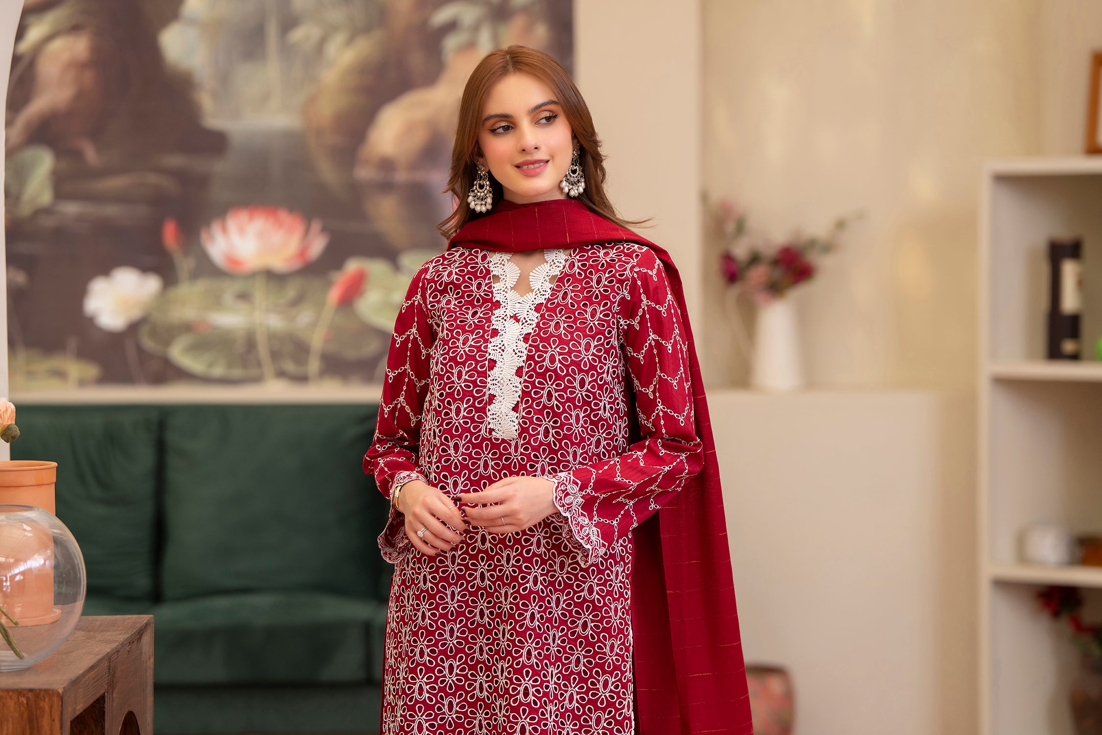 MIRAKHI-3PC LAWN CHIKENKARI EMBROIDERED SHIRT WITH LAWN TUBE SLUB DUPATTA-BIC-6500