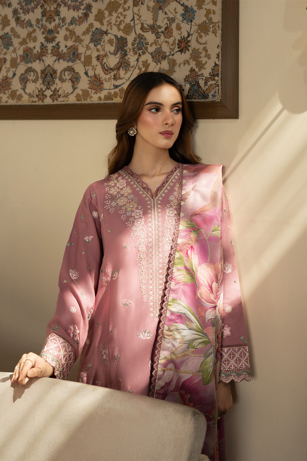 JAZMIN-3PC DHANAK EMBROIDERED SHIRT WITH WOOL PRINTED SHAWL AND TROUSER-BIC-5023