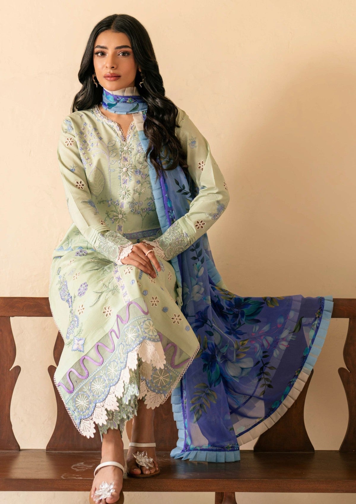 QALAMQAR-3PC LAWN EMBROIDERED SHIRT WITH CHIFFON PRINTED DUPATTA AND EMB TROUSER-BIC-4716