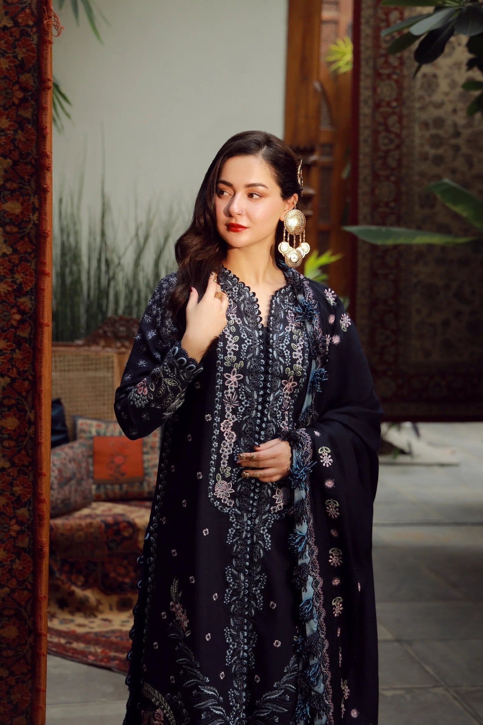 QALAMQAR-3PC DHANAK EMBROIDERED SHIRT WITH DHANAK EMBROIDERED SHAWL AND TROUSER-BIC-5041