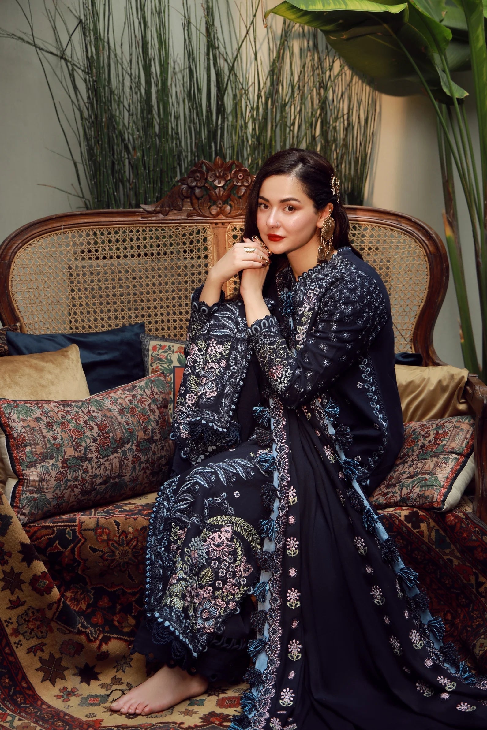 QALAMQAR-3PC DHANAK EMBROIDERED SHIRT WITH DHANAK EMBROIDERED SHAWL AND TROUSER-BIC-5041