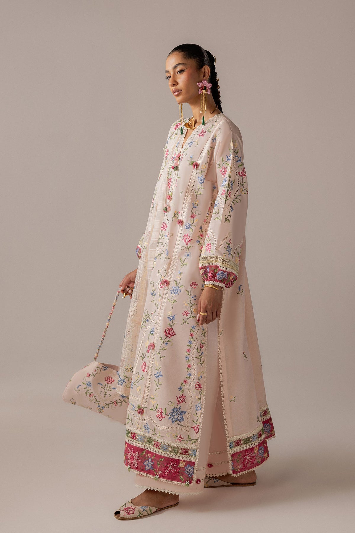 ELAN-3PC DHANAK EMBROIDERED SHIRT WITH KHADDI NET EMB DUPATTA & TROUSER-BIC-5187