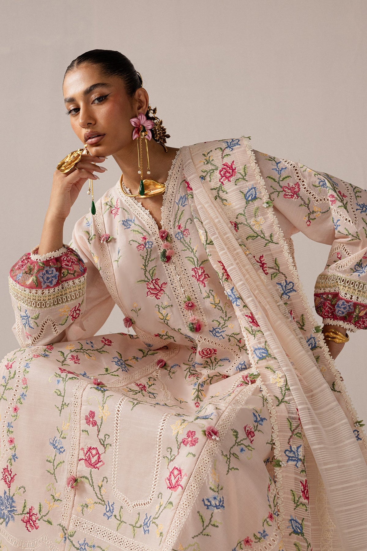 ELAN-3PC DHANAK EMBROIDERED SHIRT WITH KHADDI NET EMB DUPATTA & TROUSER-BIC-5187