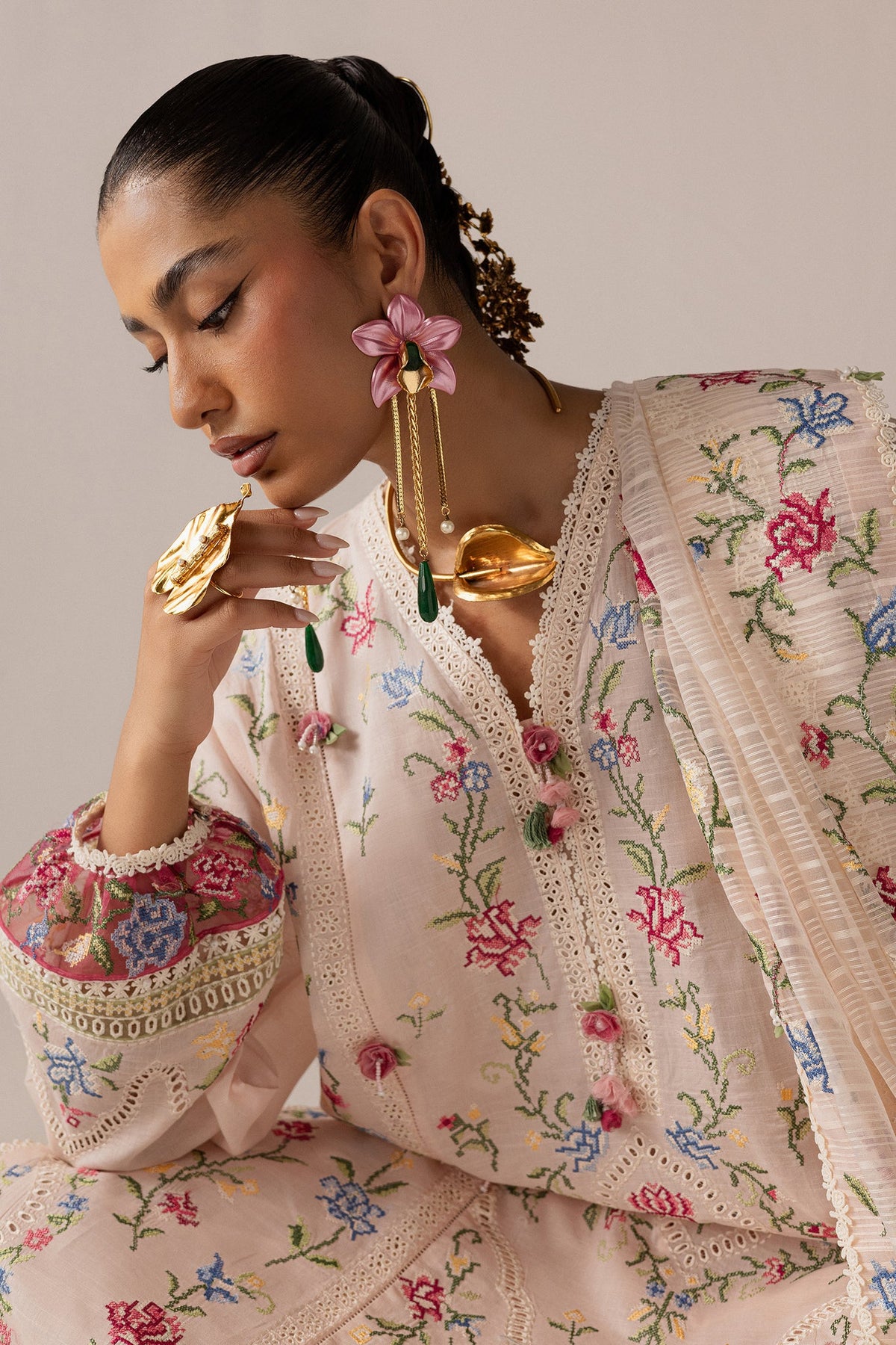ELAN-3PC DHANAK EMBROIDERED SHIRT WITH KHADDI NET EMB DUPATTA & TROUSER-BIC-5187