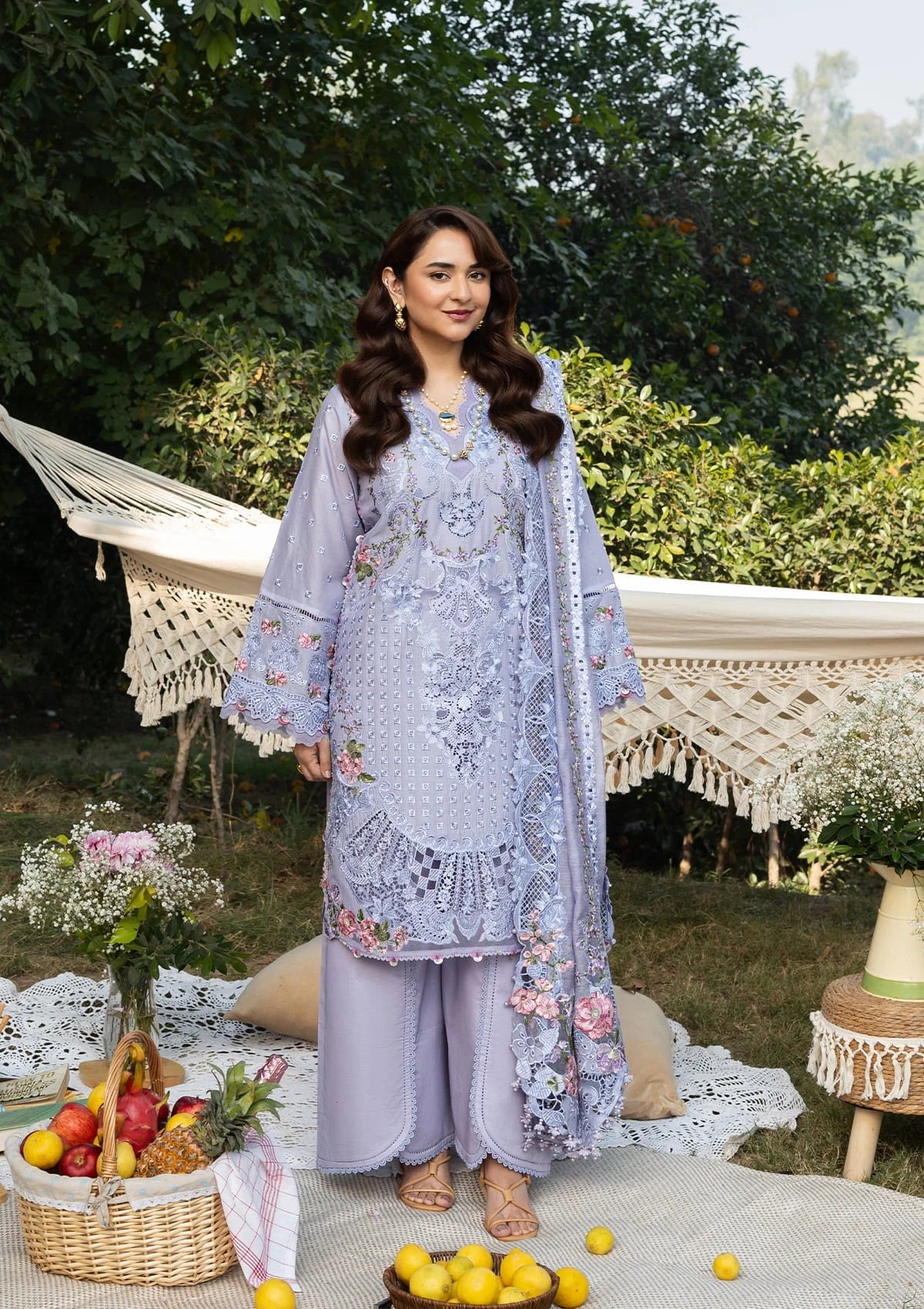 ELAF-3PC DHANAK EMBROIDERED SHIRT WITH DHANAK EMBROIDERED SHAWL AND TROUSER-BIC-5218