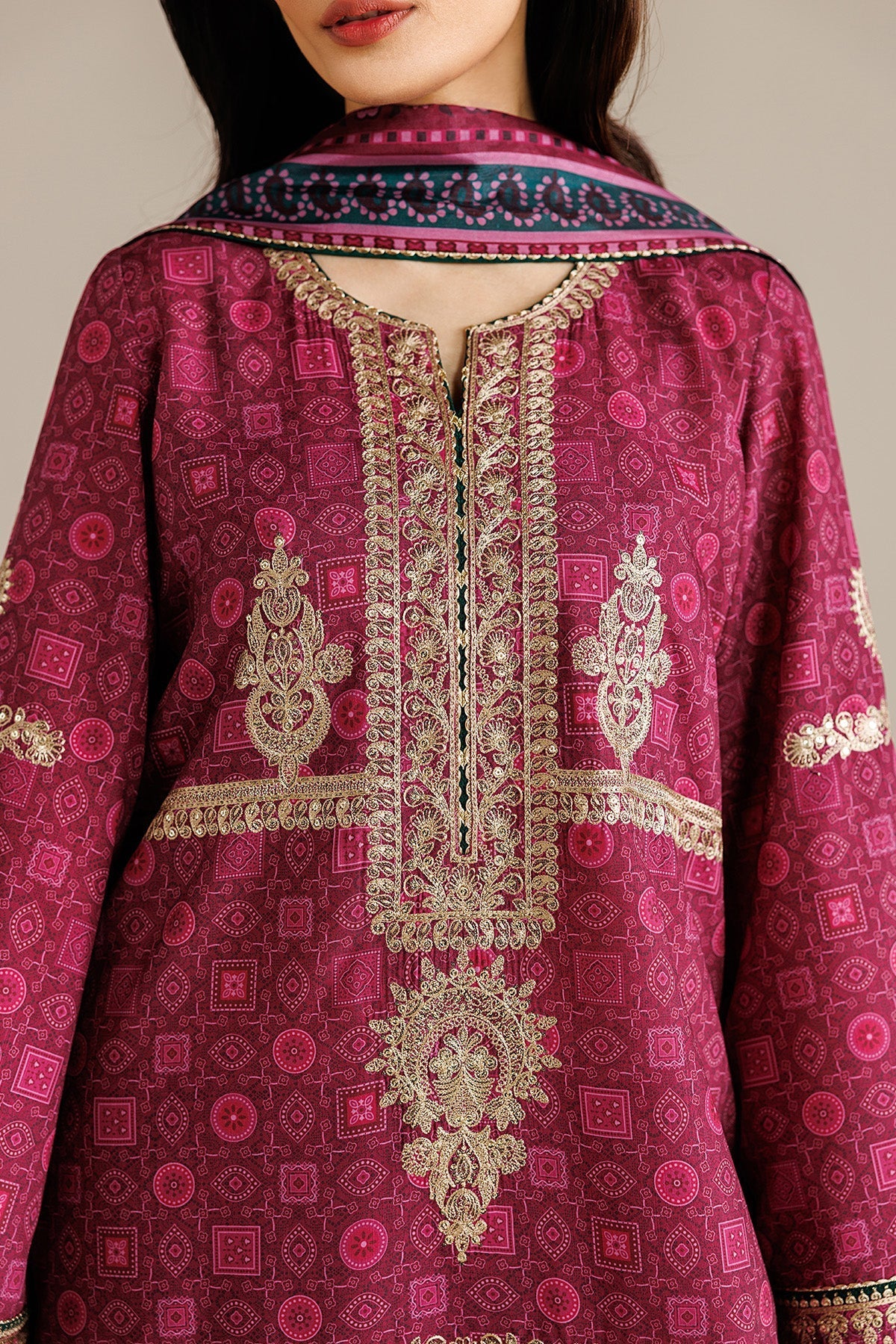 JAZMIN-3PC LAWN PRINTED EMBROIDERED SHIRT WITH BLOSSOM PRINT DUPATTA AND PRINT EMB TROUSER-BIC-005