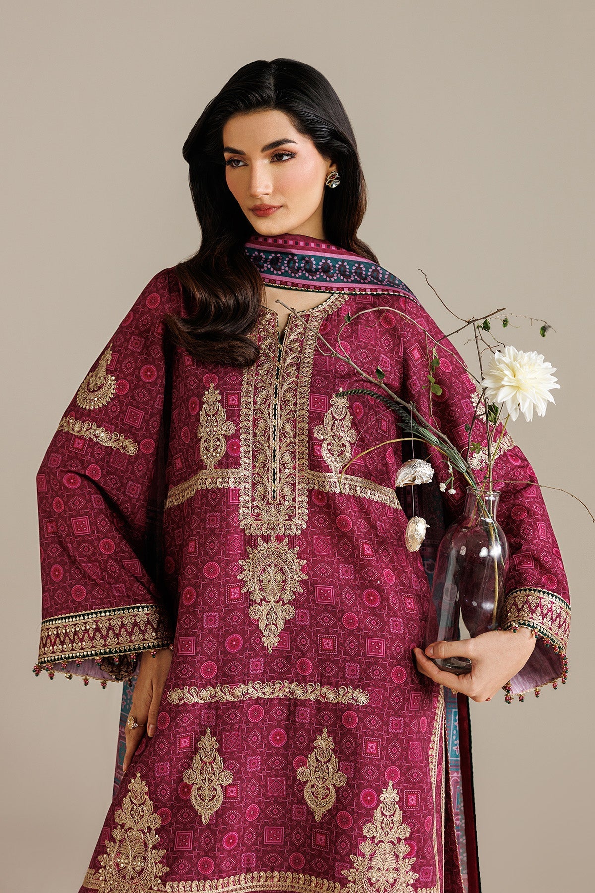JAZMIN-3PC LAWN PRINTED EMBROIDERED SHIRT WITH BLOSSOM PRINT DUPATTA AND PRINT EMB TROUSER-BIC-005