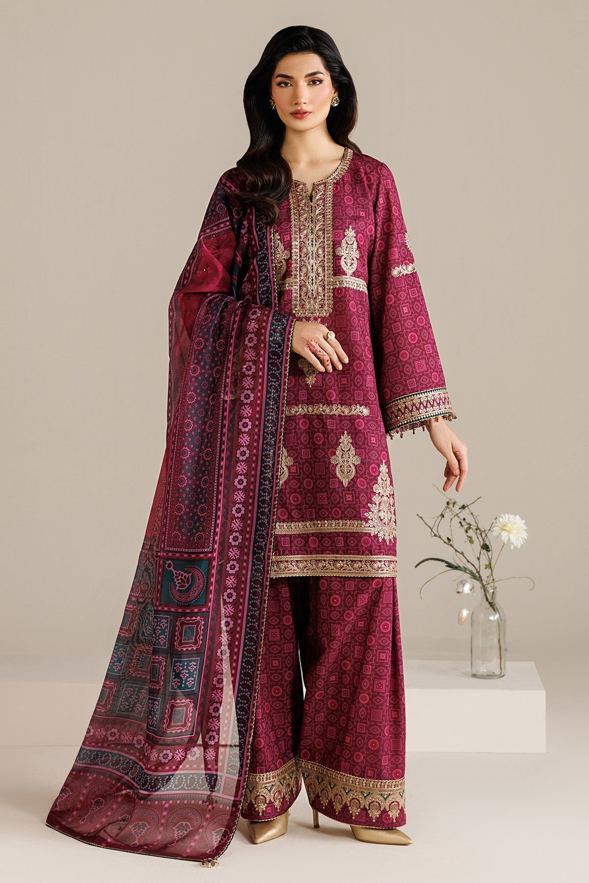 JAZMIN-3PC LAWN PRINTED EMBROIDERED SHIRT WITH BLOSSOM PRINT DUPATTA AND PRINT EMB TROUSER-BIC-005