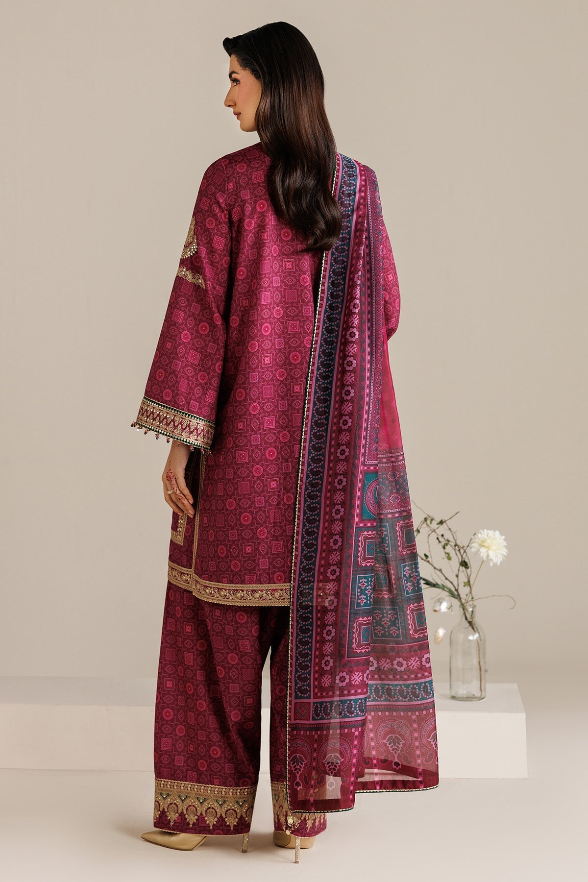 JAZMIN-3PC LAWN PRINTED EMBROIDERED SHIRT WITH BLOSSOM PRINT DUPATTA AND PRINT EMB TROUSER-BIC-005