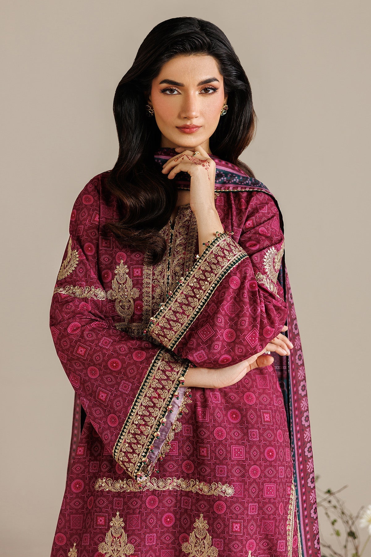 JAZMIN-3PC LAWN PRINTED EMBROIDERED SHIRT WITH BLOSSOM PRINT DUPATTA AND PRINT EMB TROUSER-BIC-005