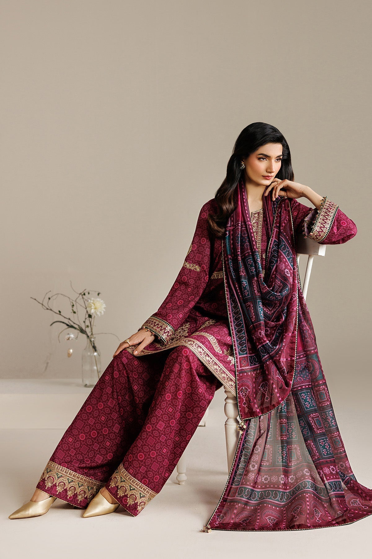 JAZMIN-3PC LAWN PRINTED EMBROIDERED SHIRT WITH BLOSSOM PRINT DUPATTA AND PRINT EMB TROUSER-BIC-005