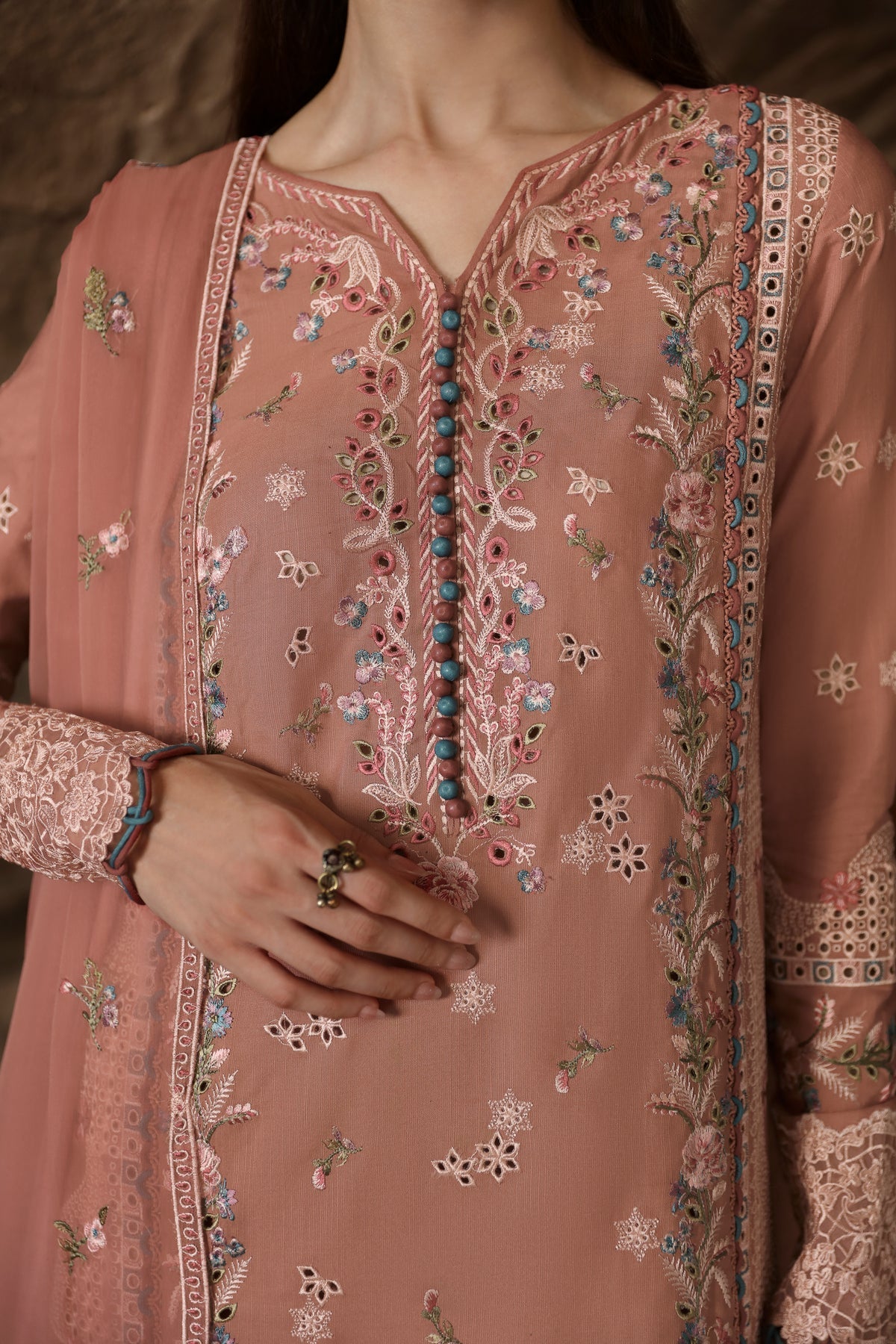 QALAMQAR-3PC LAWN EMBROIDERED SHIRT WITH KHAADI NET EMBROIDERED DUPATTA AND TROUSER-BIC-4754