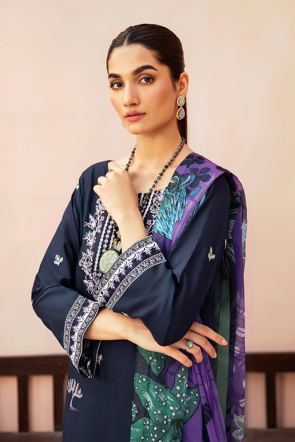AFSANAH-3PC DHANAK EMBROIDERED SHIRT WITH COUTURE PRINTED SHAWL & TROUSER-BIC-3323