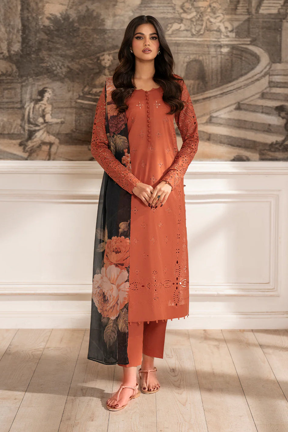 IZNIK-3PC DHANAK CHIKAN EMBROIDERED SHIRT WITH COURTRAI PRINTED SHAWL AND TROUSER BIC-4188