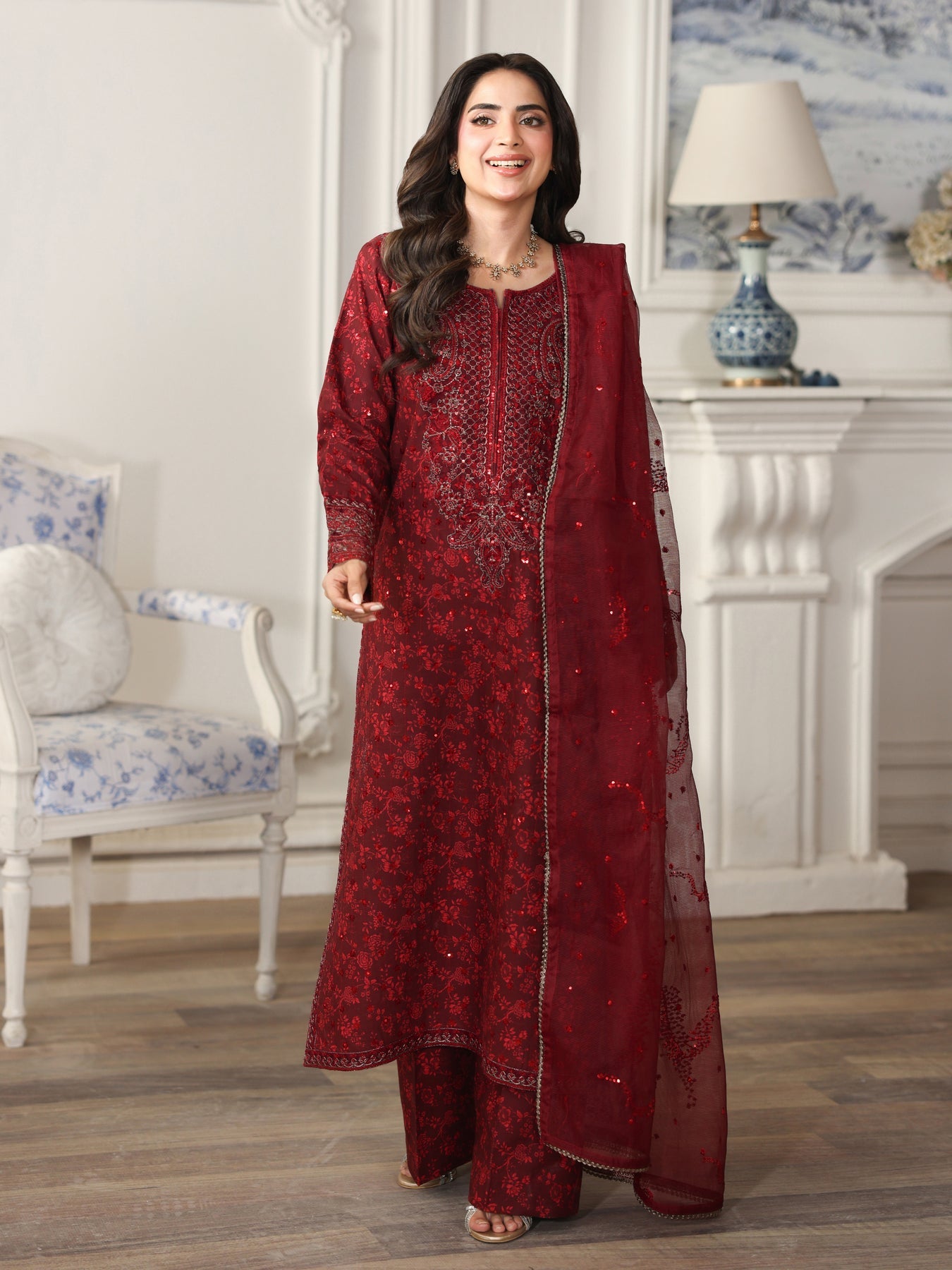 MOHAGNI-3PC LAWN PRINTED EMBROIDERED SHIRT WITH ORGANZA EMBROIDERED DUPATTA AND PRINT TROUSER-4