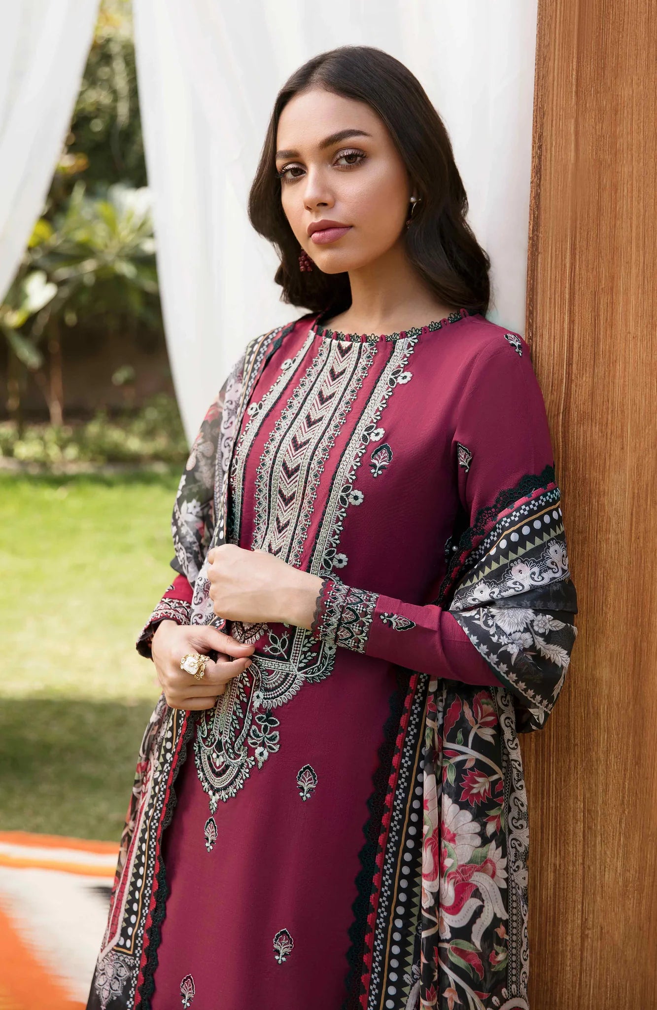 BATIK -3PC DHANAK EMBROIDERED SHIRT WITH COUTRAI WOOL PRINTED SHAWL & TROUSER-BIC-3120