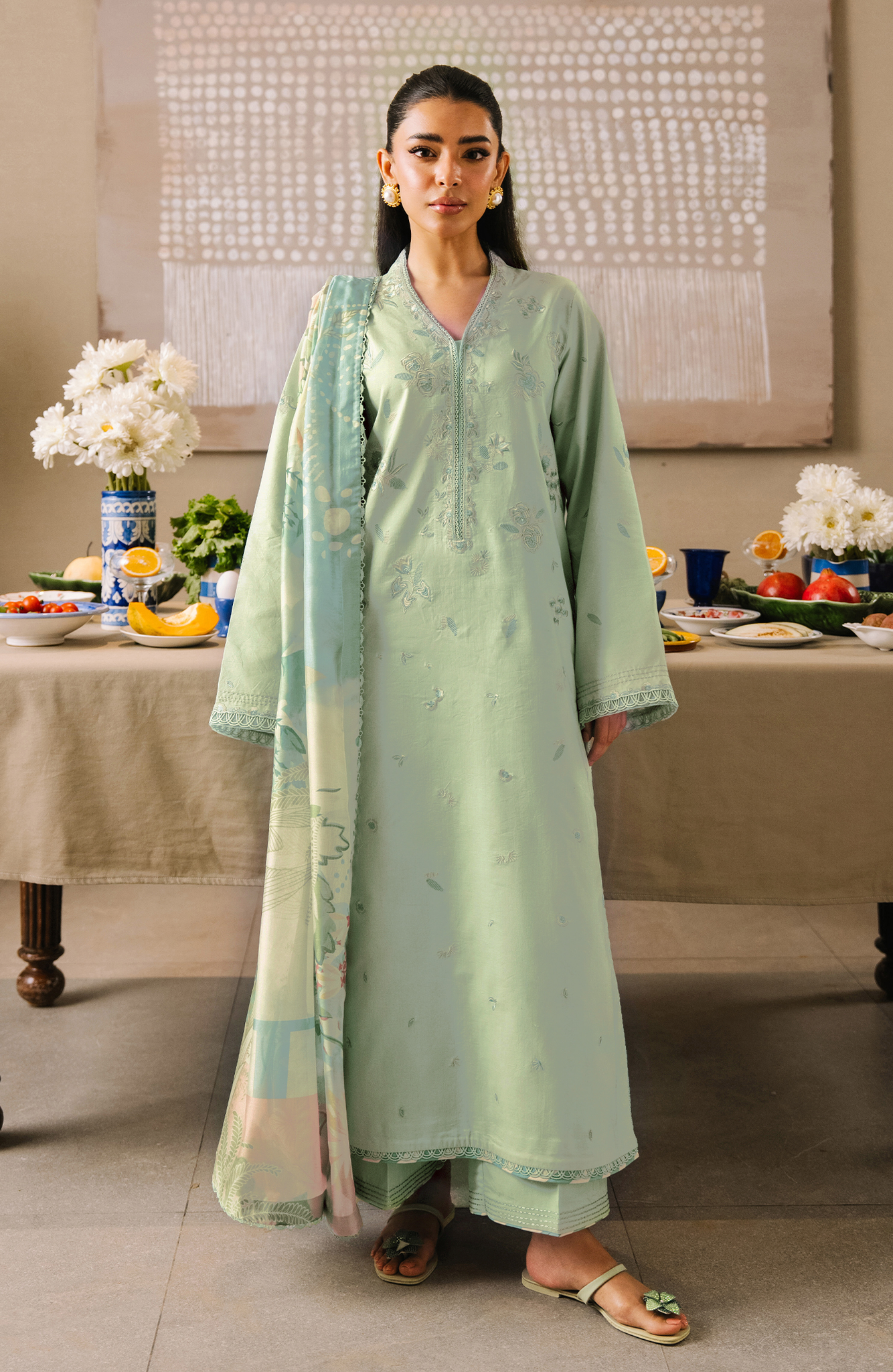 IZEL-3PC LAWN EMBROIDERED SHIRT WITH CHIFFON PRINT DUPATTA AND EMB TROUSER-BIC-4825