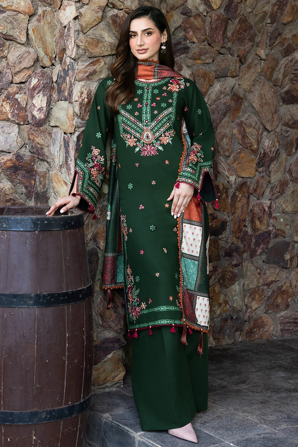 SAPPHIRE-3PC KHADDAR EMBROIDERED SHIRT WITH COURTRAI PRINTED SHAWL AND TROUSER-BIC-4419
