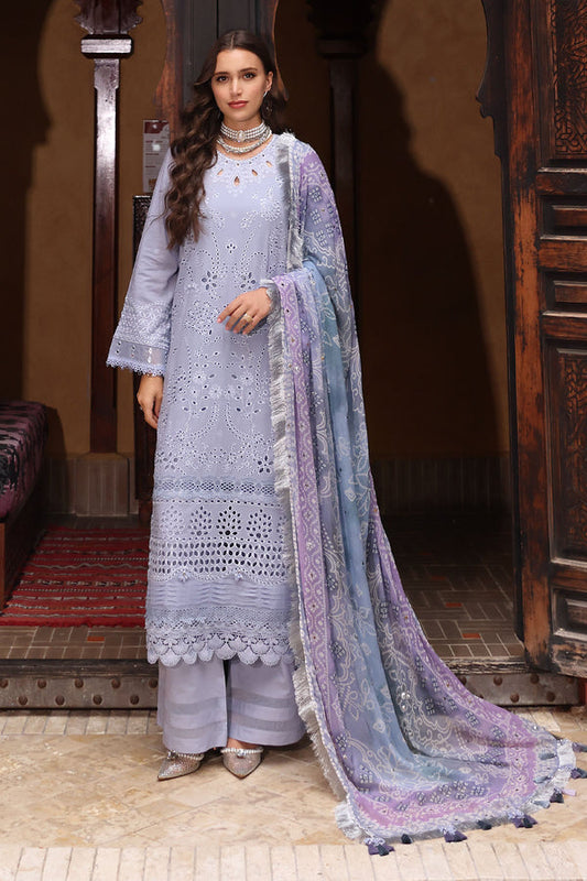 NUREH-3PC LAWN CHIKANKARI EMBROIDERED SHIRT WITH MONARK PRINTED DUPATTA AND EMB TRPUSER-BIC-3709