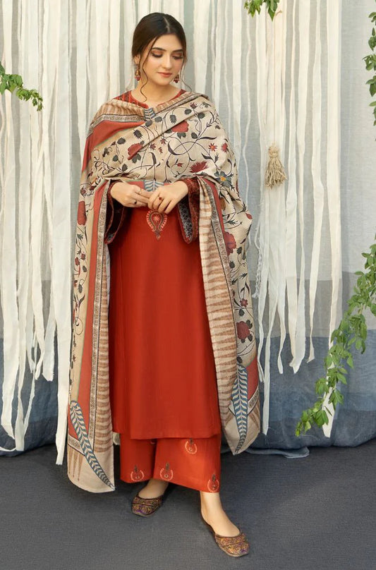 URGE - 3PC DHANAK EMBROIDERED SHIRT WITH COUTURE WOOL PRINT SHAWL AND TROUSER-BIC-2692