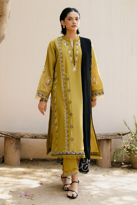 ZARA SHAHJAHAN-3PC DHANAK EMBROIDERED SHIRT WITH CHIFFON EMBROIDERED SHAWL & DHANAK TOUSER-BIC-