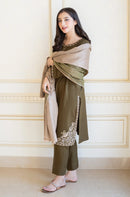 AISLING-3PC DHANAK EMBROIDERED SHIRT WITH COURTRAI PRINTED SHAWL & TROUSER-BIC-4143