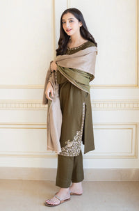 AISLING-3PC DHANAK EMBROIDERED SHIRT WITH COURTRAI PRINTED SHAWL & TROUSER-BIC-4143