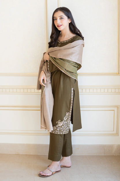 AISLING-3PC DHANAK EMBROIDERED SHIRT WITH COURTRAI PRINTED SHAWL & TROUSER-BIC-4143