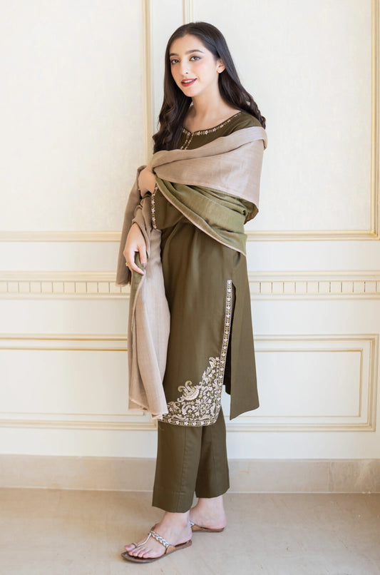 AISLING-3PC DHANAK EMBROIDERED SHIRT WITH COURTRAI PRINTED SHAWL & TROUSER-BIC-4143