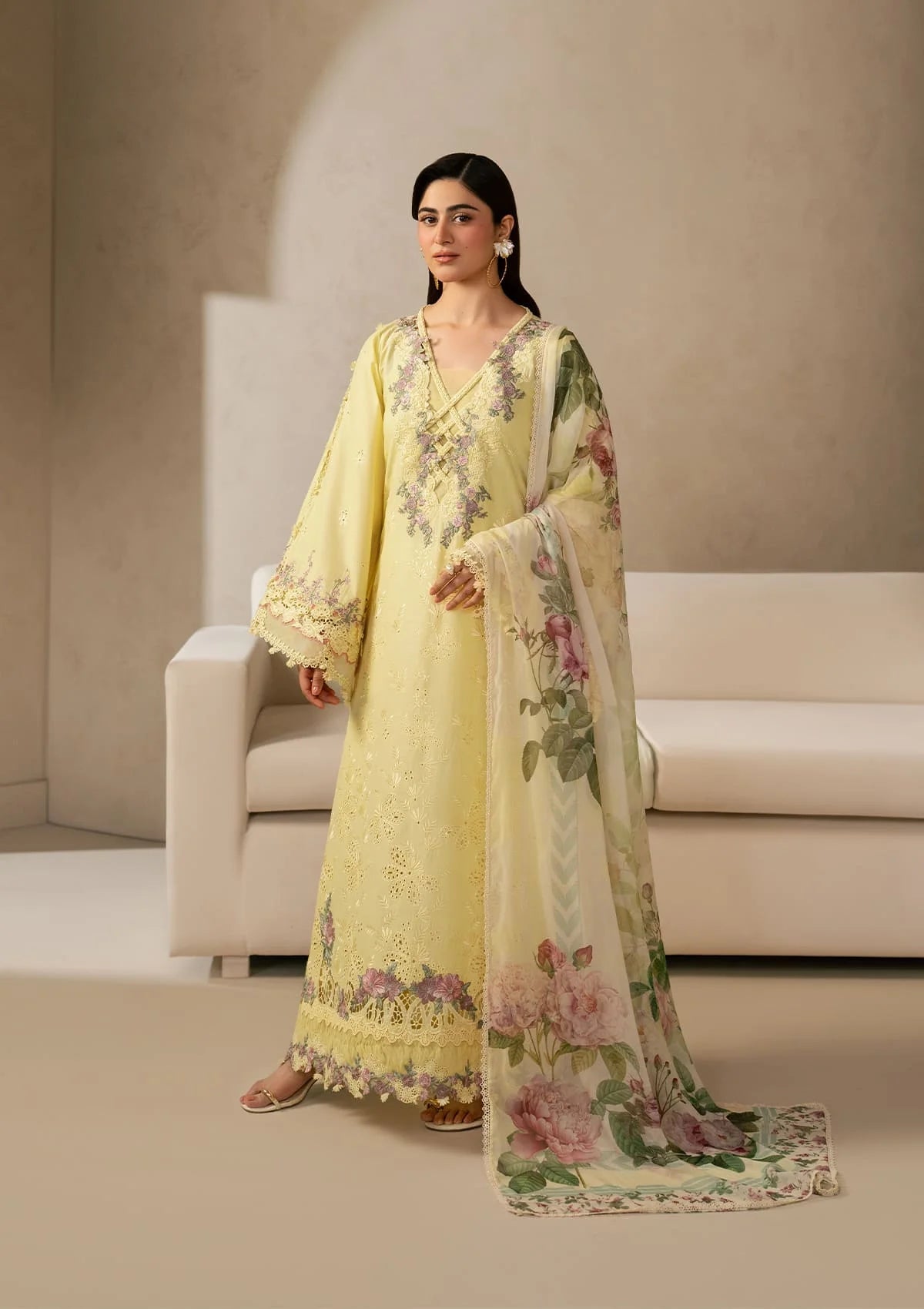 ELAF-3PC DHANAK EMBROIDERED SHIRT WITH COUTRAI PRINTED SHAWL AND TROUSER-BIC-5221