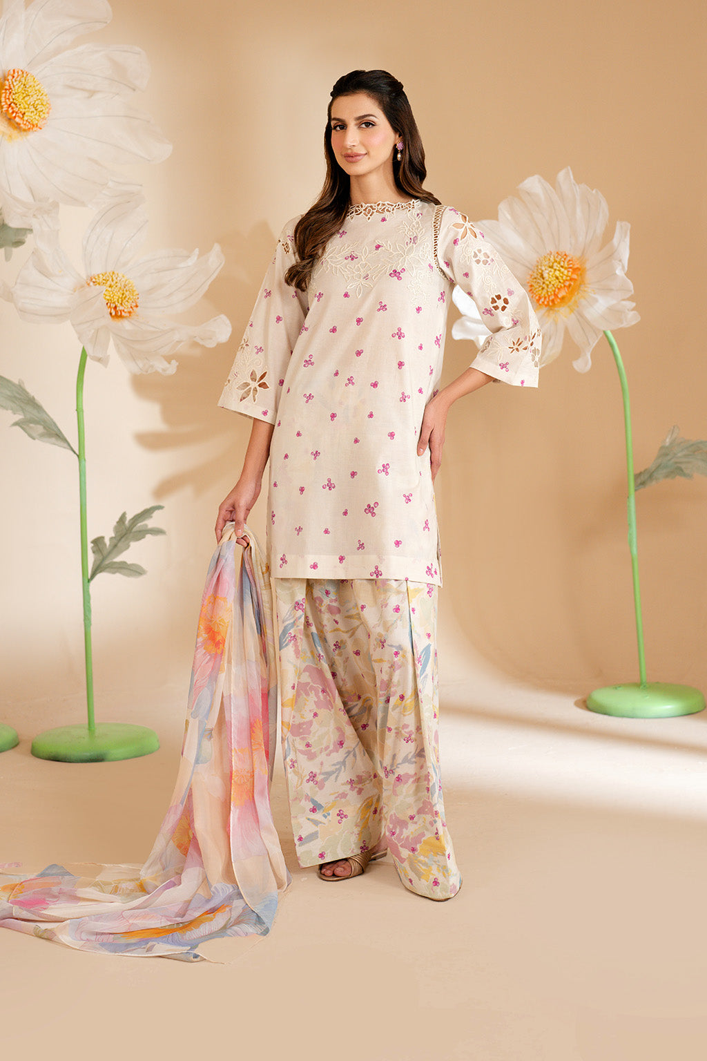 IZNIK-3PC LAWN PRINTED EMB SHIRT WITH SILK PRINTED DUPATTA AND PRINTED TROUSER-BIC-052