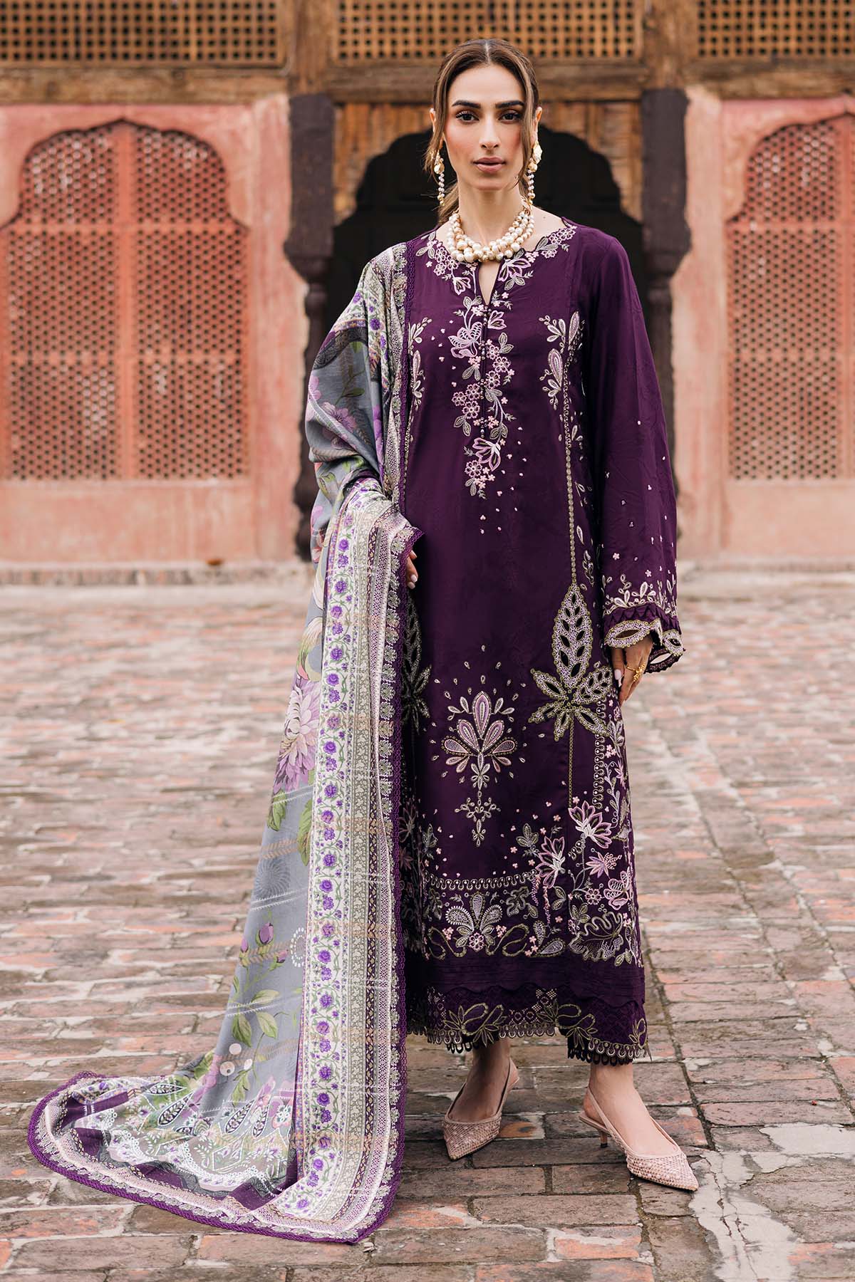 NUREH-3PC DHANAK EMBROIDERED SHIRT WITH COURTRAI PRINTED SHAWL & TROUSER-BIC-4351