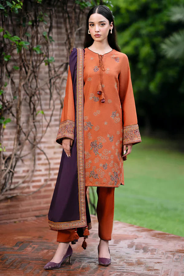 JAZMIN- 3PC DHANAK EMBROIDERED SHIRT WITH WOOL PRINT SHAWL AND TROUSER-BIC-3293
