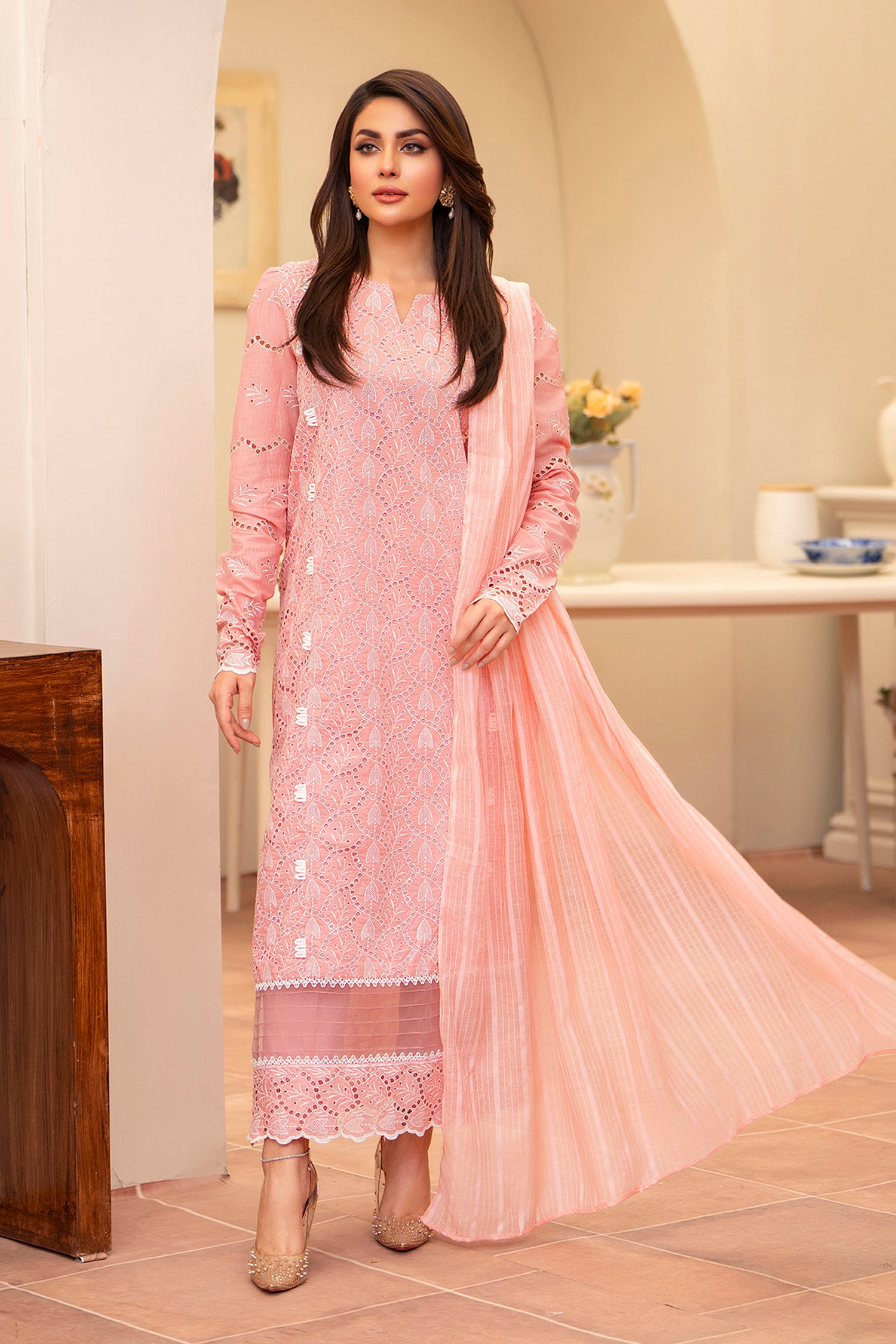 MIRAKHI-3PC LAWN CHIKENKARI EMBROIDERED SHIRT WITH LAWN TUBE SLUB DUPATTA-BIC-