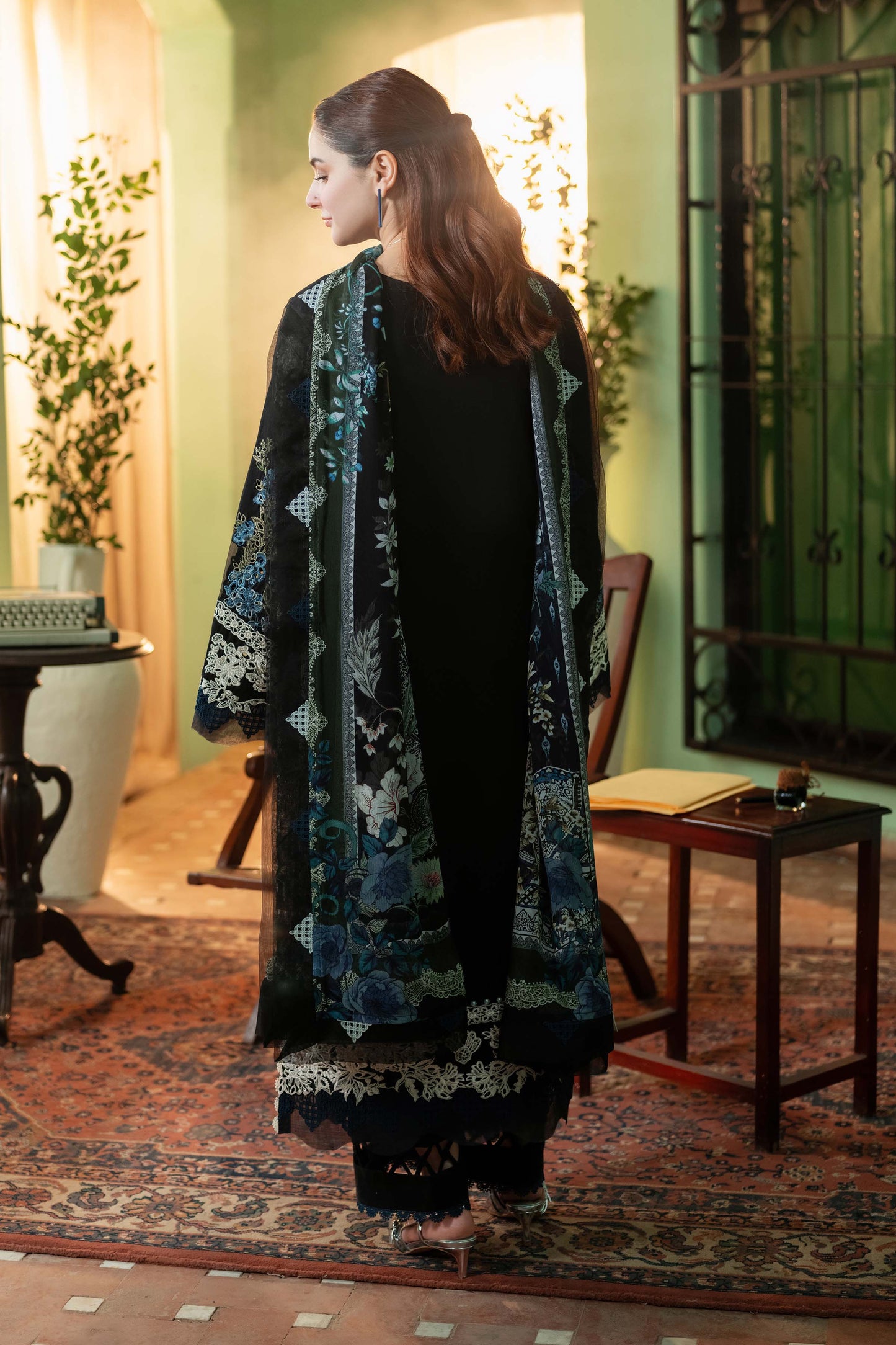 JADE-3PC DHANAK  EMBROIDERED SHIRT WITH COUTRAI PRINTED SHAWL & DHANAK TOUSER-BIC-4227