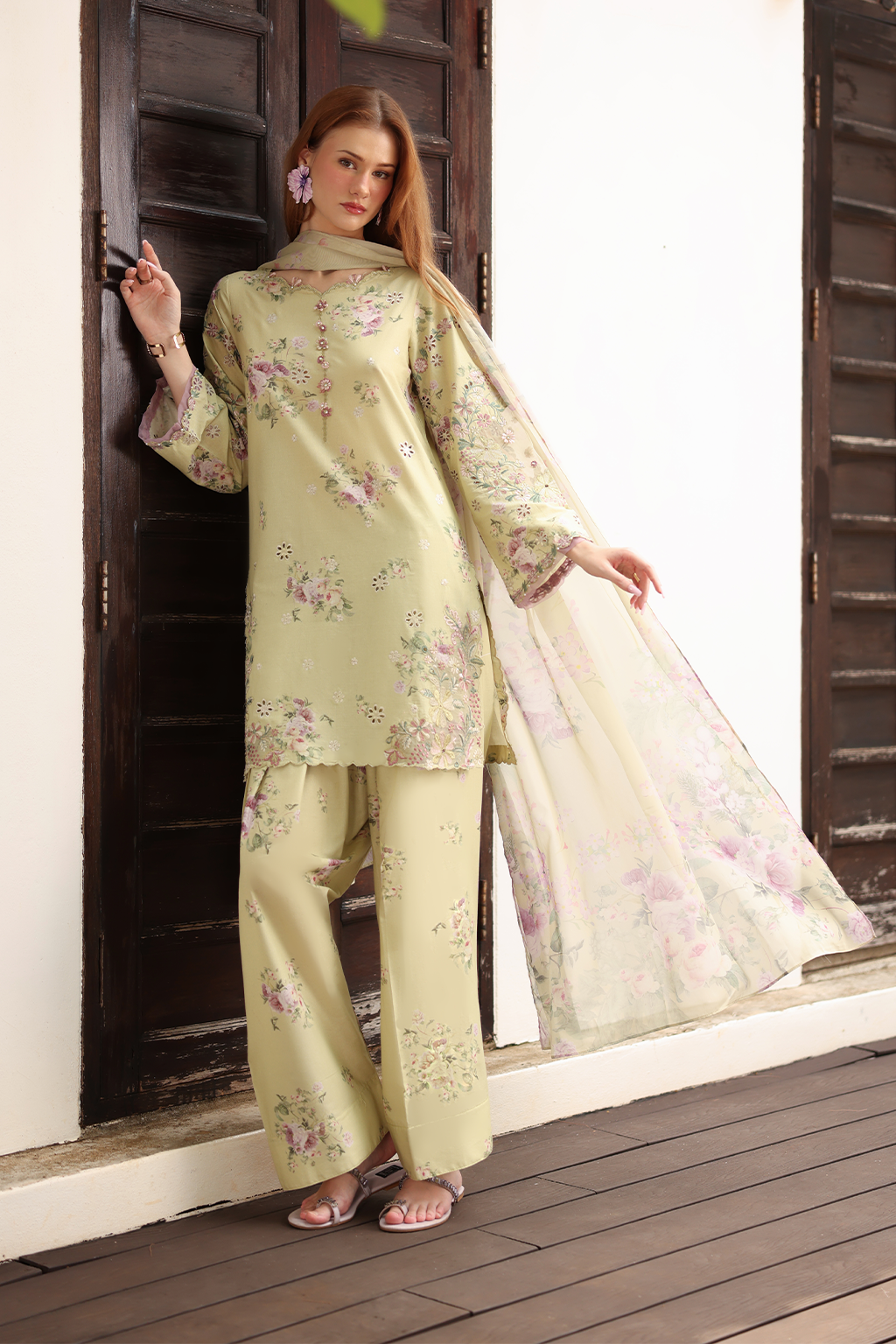 IZNIK-3PC LAWN PRINTED EMB SHIRT WITH SILK PRINTED DUPATTA AND TROUSER-BIC-041