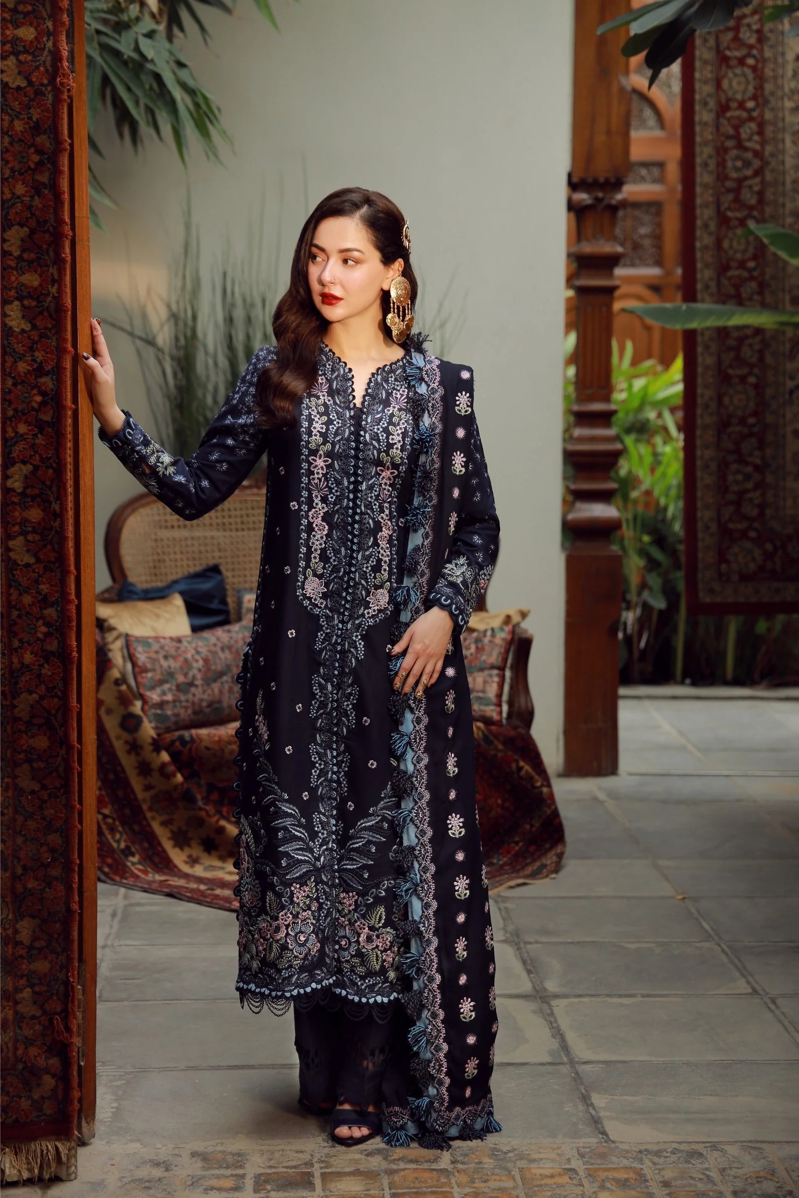 QALAMQAR-3PC DHANAK EMBROIDERED SHIRT WITH DHANAK EMBROIDERED SHAWL AND TROUSER-BIC-5041