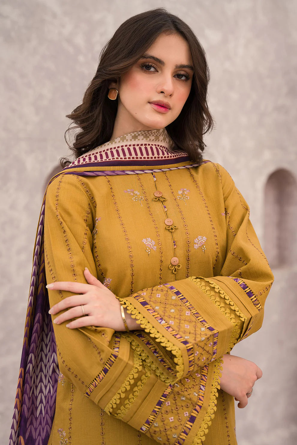JAZMIN-3PC DHANAK EMBROIDERED SHIRT WITH COUTRAI WOOL PRINTED SHAWL & TROUSER-BIC-4028